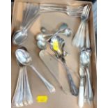 A collection of silver plated cutlery including: Five misc. spoons including a pair of serving