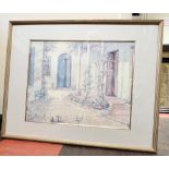 A Framed and Glazed Coloured Print. Mediterranean Courtyard scene. 39cm x 50cm.