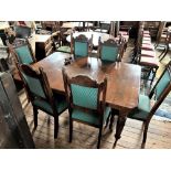Victorian oak extending dining table with 1 extra leaf, and 6 oak dining chairs with overstuffed