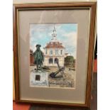 John Cook. Watercolour. Town hall with a statue in the foreground. Signed lower right. reverse has a