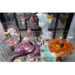 One orange and one purple Murano- style glass bowls, Royal Doulton pink glass bowl with bell and