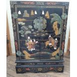 Oriental Lacquered cupboard. With inlaid decoration. Approx 77 x 59 x 28cm