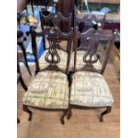 Four Late Victorian Mahogany Dining Chairs. With Bayeux Tapestry style overstuffed seats