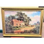 A large Coloured print. After R Gallon. A rural scene with figures by cottages.