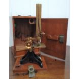 A brass microscope by Lawrence & Mayo. London & Calcutta with accessories in original wood