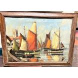 An Oil on Board. Sailing boats in a harbour. Signed lower left and dated 1948. 38.5cm 54cm.