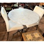 A Circular marble Garden table with chromium plated stand together with two faux leather chairs.