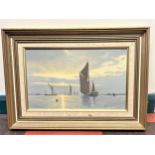 Roger Fisher. Oil on Canvas. Barges setting for sail. Signed lower right. 23.5cm x 39cm.