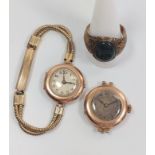 Two ladies 1930 9ct gold watches AF and a gentleman's broken ring in gold coloured metal.