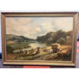 English School. Oil on canvas. Harvest Time by a river. Initialled lower left WRS. 50cm x 74cm.