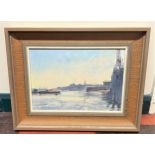 Peter Gilman. Oil on Board. River and dockyard scene. Signed lower left. 23cm x 34cm.