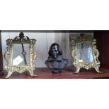 A bronze bust of Shakespeare 18cm and a pair of brass picture frames 28cm x 18cm. (3)