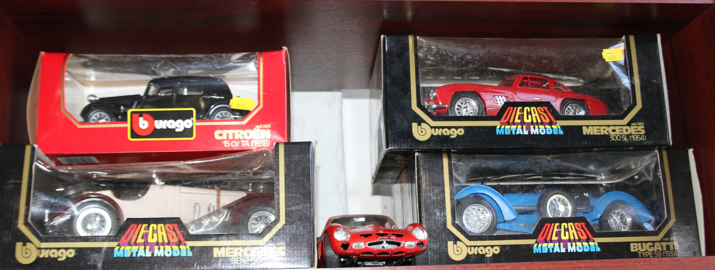 Burago 1/18 scale Mercedes-Benz 300sl, three others and 1/24 scale Citroen 15CV, four in boxes. (5)