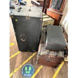 Four Vintage Trunks, including a standing wardrobe trunk. And a vintage suitcase.