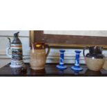 Two Doulton Lambeth Stoneware jugs 22cm and 19cm, a pair of Wedgwood Blue Jasper candlesticks 15cm