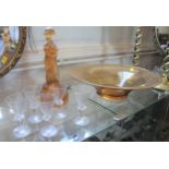An amber glass dish 32.5cm diameter, frosted amber glass figure 23cm, and six miniature wine glasses