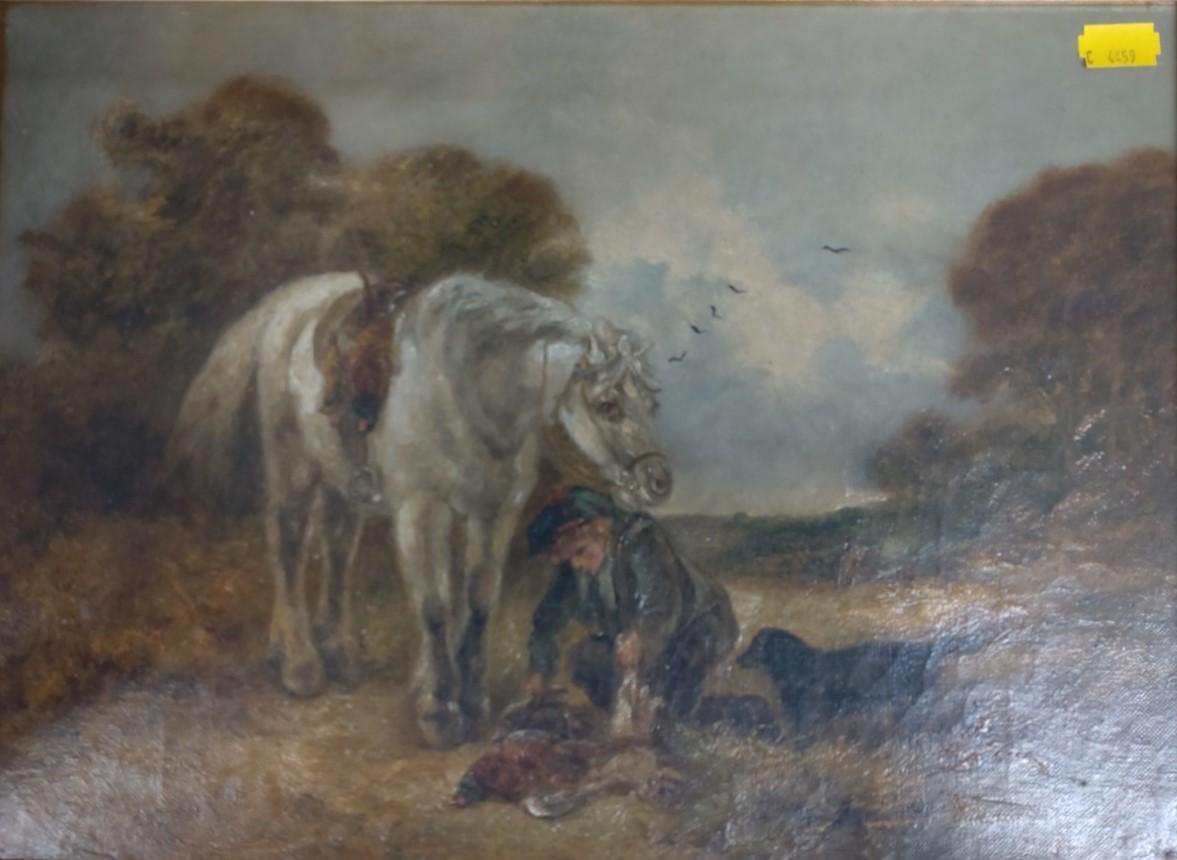19th century Oil on canvas, framed. Hunter with horse and dog.