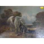 19th century Oil on canvas, framed. Hunter with horse and dog.