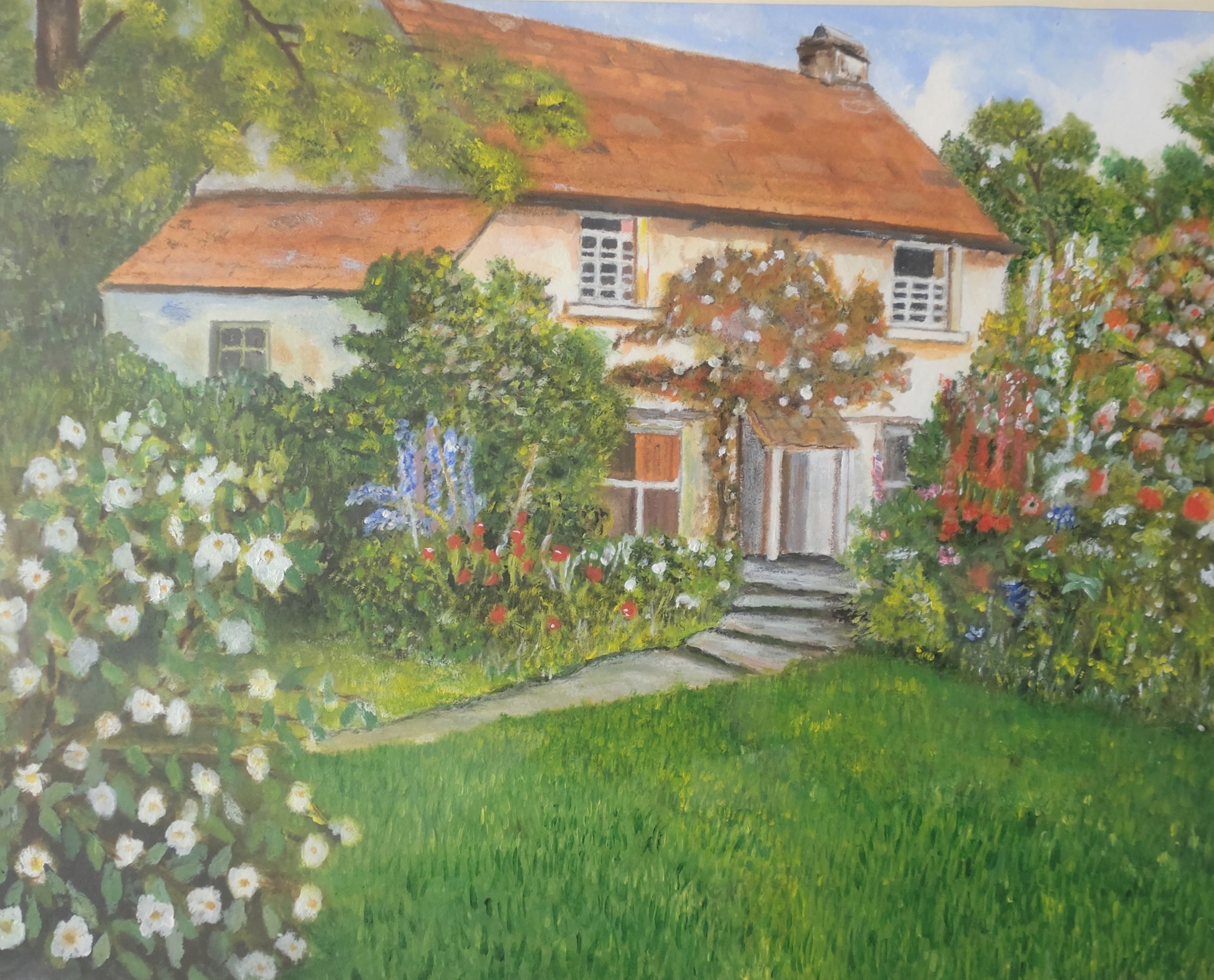 Cottage scene. Oil on paper, mount and frame. 25 x 33cm.