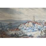 A 19th century Watercolour. A town with figures in the foreground. Label to verso.