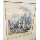 Watercolour of Bootham Bar York Minster, initialled MAW '86. 25cm x 22cm.