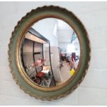 A Vintage Green Circular Convex Wall Mirror. 43cm diameter.