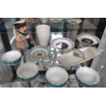 Four Royal Doulton Air New Zealand porcelain snack dishes 7.5cm diameter, a Kirkham Pottery 198 "