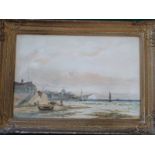 T Mortimer. (f. 1920-1930) watercolour of sailing ships by a harbour. Signed lower left. With old