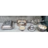 Six pieces of silver plate including an entree dish, a candlestick etc.