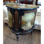 Bow Front Cupboard, painted throughout with fruit and vignettes of landscapes. 20th century. 87 x 76