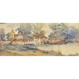 Watercolour. Circa 1900. Village by a lake. Unsigned. 18cm x 39cm. Framed and glazed.