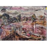 An abstract picture of vehicles by a river 46cm x 61 cm (frame 59cm x 73cm)