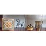 An Indian brass inlaid Lassi beaker 10cm, an iron horse 14cm, a square lacquer box 12cm, a