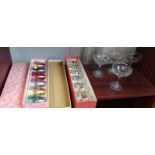 Set of six Italian vintage car shot glasses in original lidded box, set of six French tinted glass