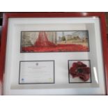 Framed Commemorative Hundred Year Anniversary Ceramic Poppy, photo and certificate. Created by