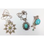 Three silver pendants - one set moonstone & turquoise, one set peridot and another with turquoise