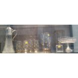 A moulded glass Claret jug 30cm, bowl and bottle all with silver-plate fittings and a glass jug with