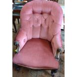 A Victorian Pink Upholstered Nursing Chair, with casters