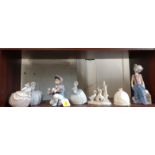 Five Lladro figures including Clown with hound and suitcase 20cm, and a bisque bell, four with