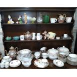 Various Japanese tea and dinner wares and a Royal Albert Old Country Roses breakfast dish with cup.