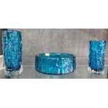 Two Whitefriars turquoise cylindrical bark vases 15cm and 19cm and Whitefriars-style turquoise