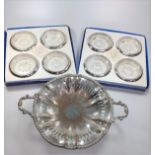 Two-handled Sheffield plate basket, together with eight Italian crystal glass and silver coaster.