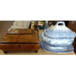 A Syria pattern blue and white tureen, cover and stand 31cm and a wooden box (2)
