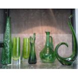 Six tall green glass items including Jack-in-the Pulpit vase 21cm to 40cm (6)