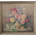 Harold Clayton, print on canvas, vase of flowers 60cm x 55cm, framed.