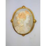 A cameo of head and shoulder of a young girl with grapes in her hair. All encased in a gold colour