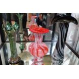 An A.C. Fischer red and white vase 22cm, green Jack-in-the-Pulpit vase and a black and white glass