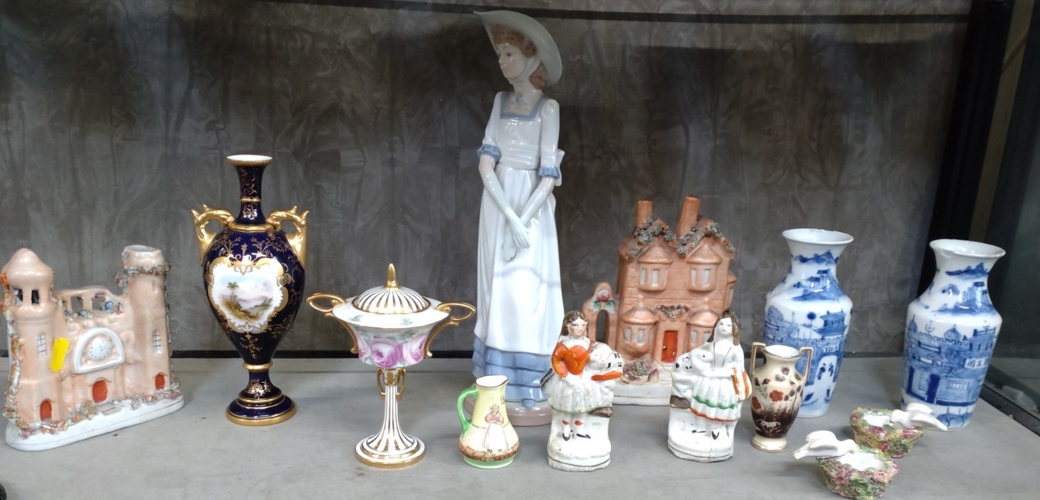 A Nao figure of a young girl 32cm, Coalport vase 20cm, Minton vase and cover 15cm, and other