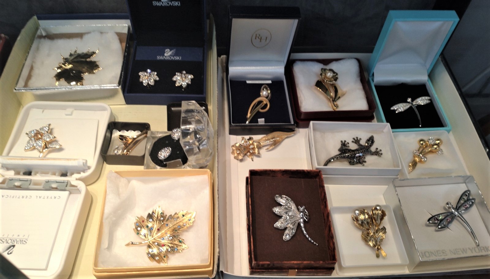 Costume jewellery brooches including Lizard, Dragonflies and floral subjects (16) (two trays)