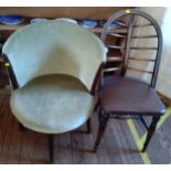 A cafe chair and a green velvet corner chair.